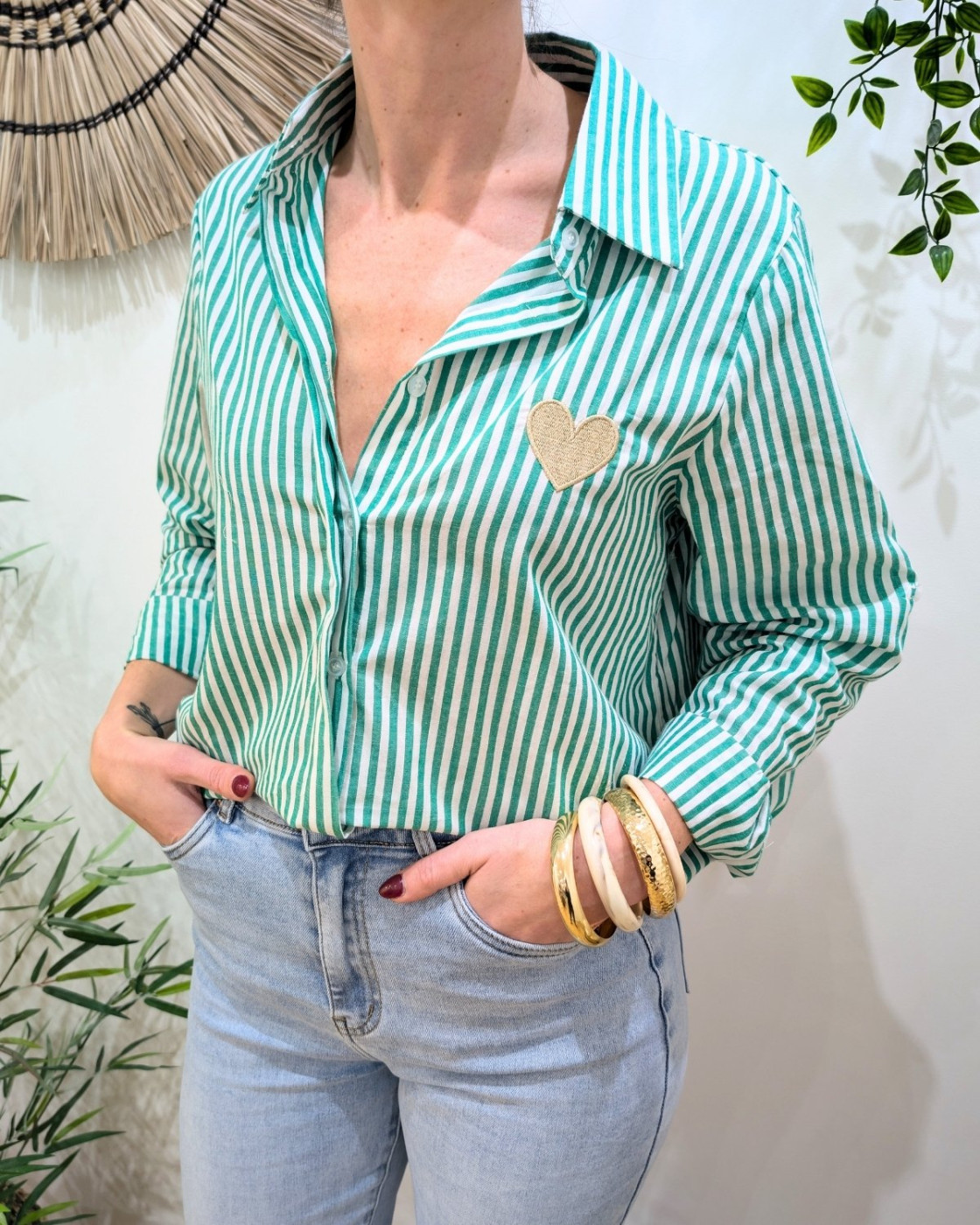 Chemisier femme rayé vert et blanc coeur doré