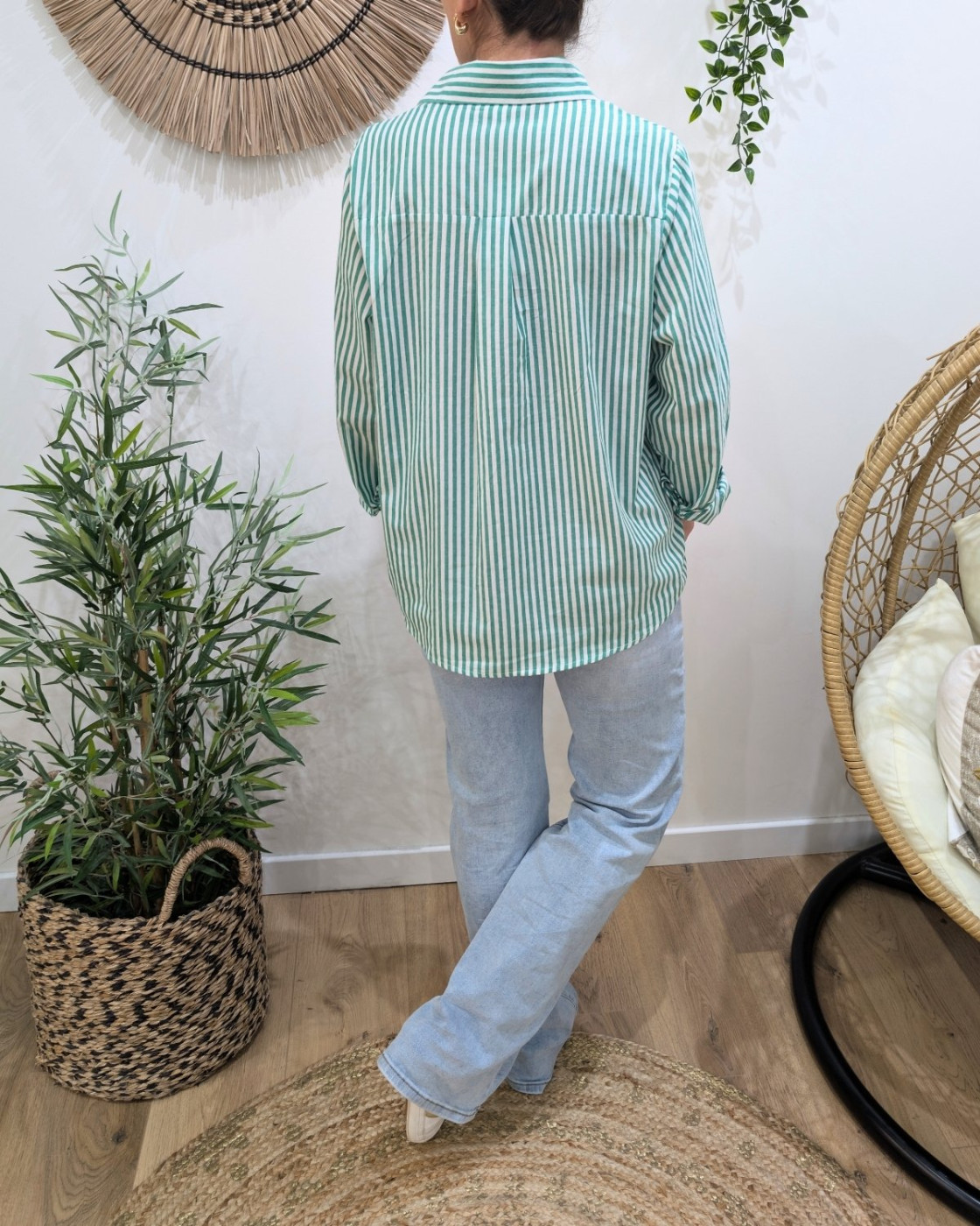 Chemisier femme rayé vert et blanc coeur doré