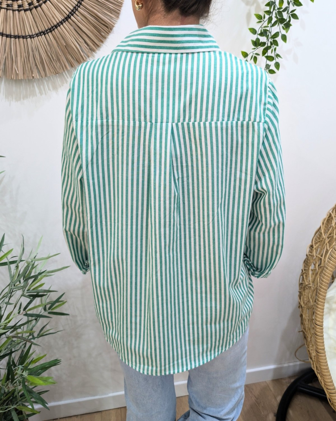 Chemisier femme rayé vert et blanc coeur doré