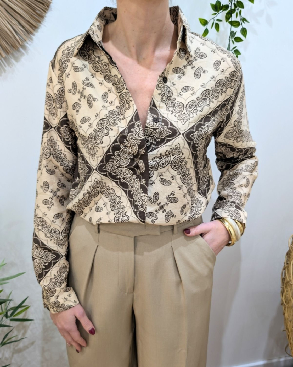 Chemisier femme marron et beige