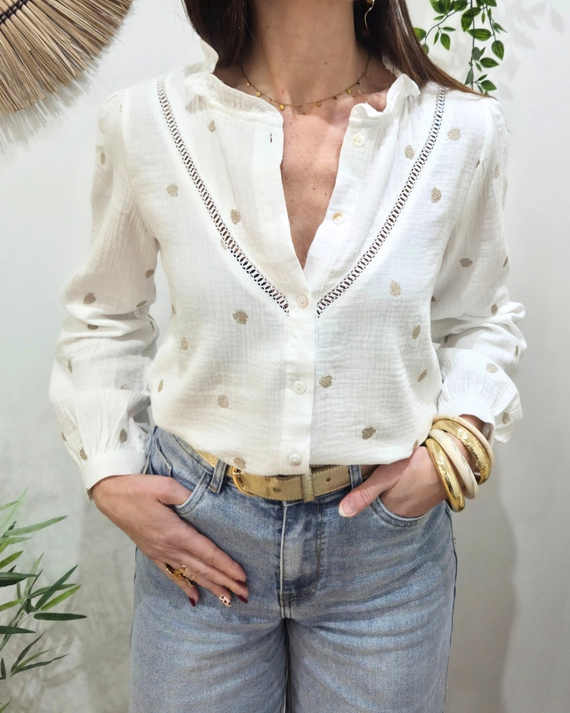 Chemisier femme blanc coton brodé coeurs dorés
