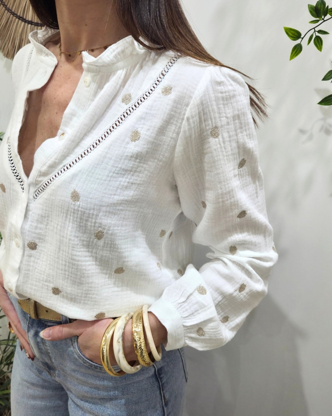 Chemisier femme blanc coton brodé coeurs dorés