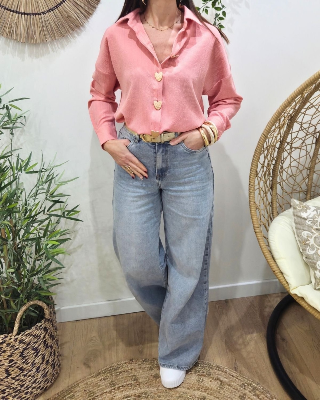 Chemisier femme rayé rose boutons coeurs dorés