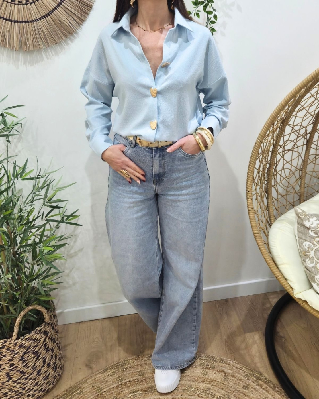 Chemisier femme rayé bleue boutons coeurs dorés