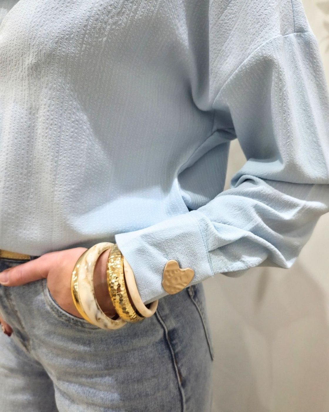 Chemisier femme rayé bleue boutons coeurs dorés