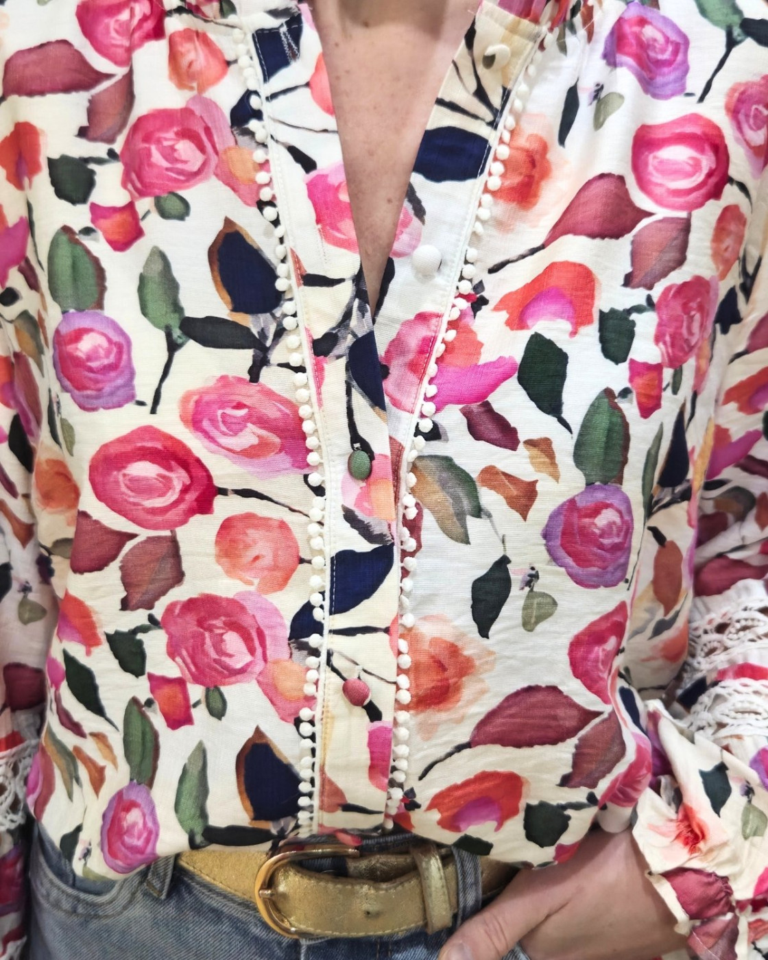 Chemisier femme écru fleurs roses manches brodées Solvi