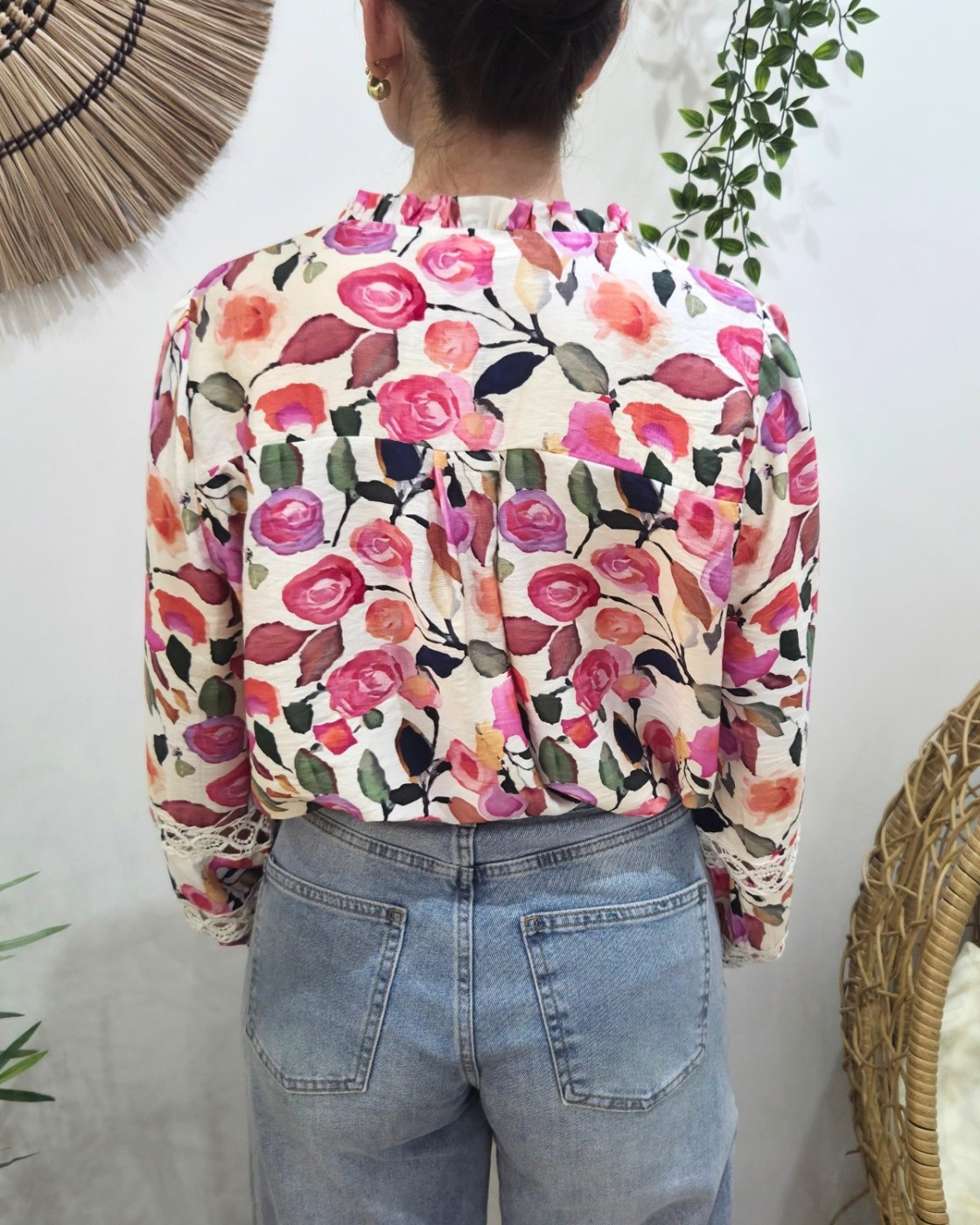 Chemisier femme écru fleurs roses manches brodées Solvi