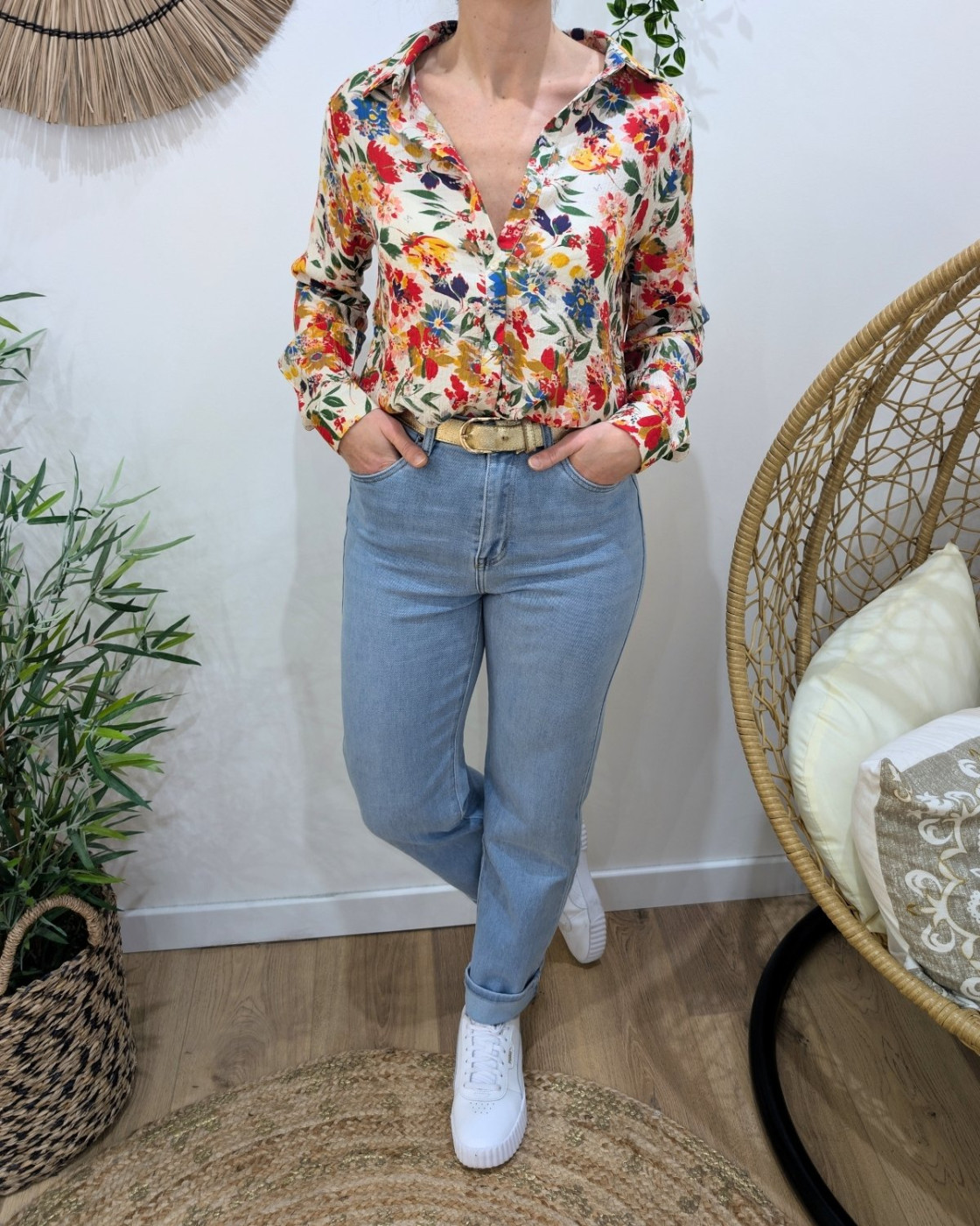 Chemisier femme écru fleurs multicolores Dahlia