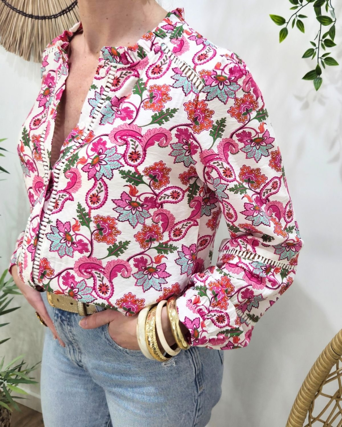 Chemisier femme écru fleurs fuchsia bleues vertes manches brodées Ilaria