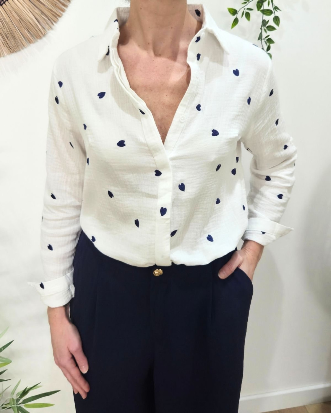 Chemisier coton gaz blanc coeurs marines