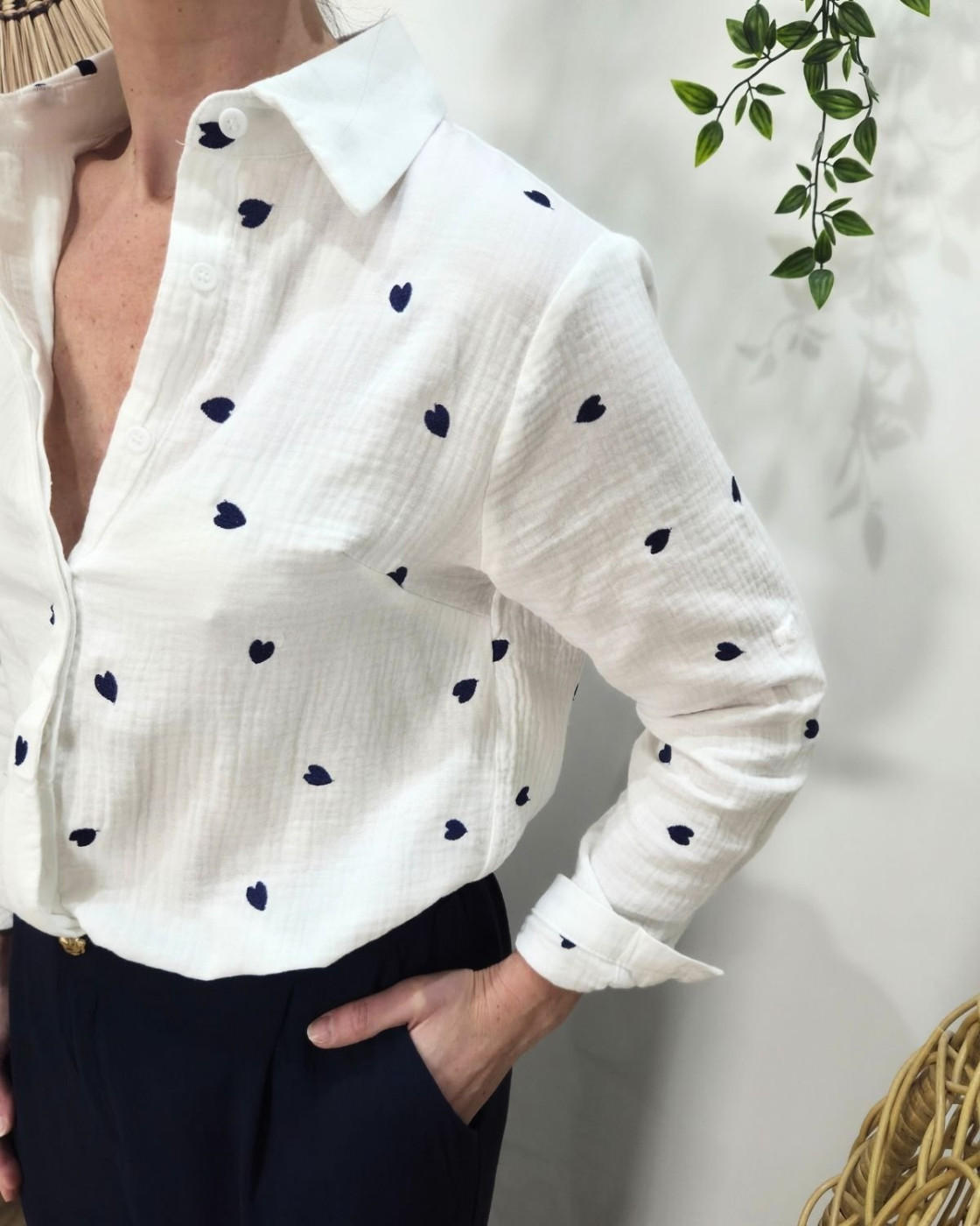 Chemisier coton gaz blanc coeurs marines