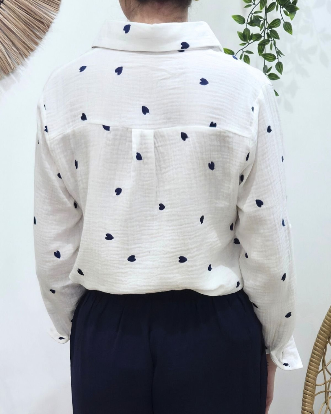 Chemisier coton gaz blanc coeurs marines