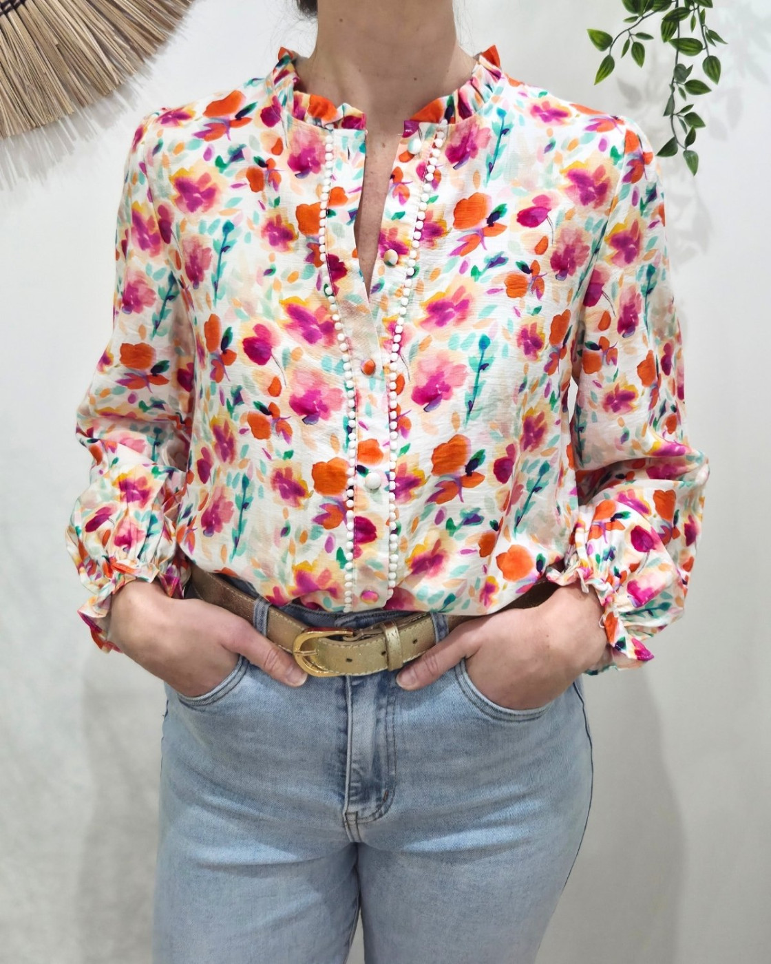 Chemisier femme écru imprimés fleuris oranges fuchsia multicolores