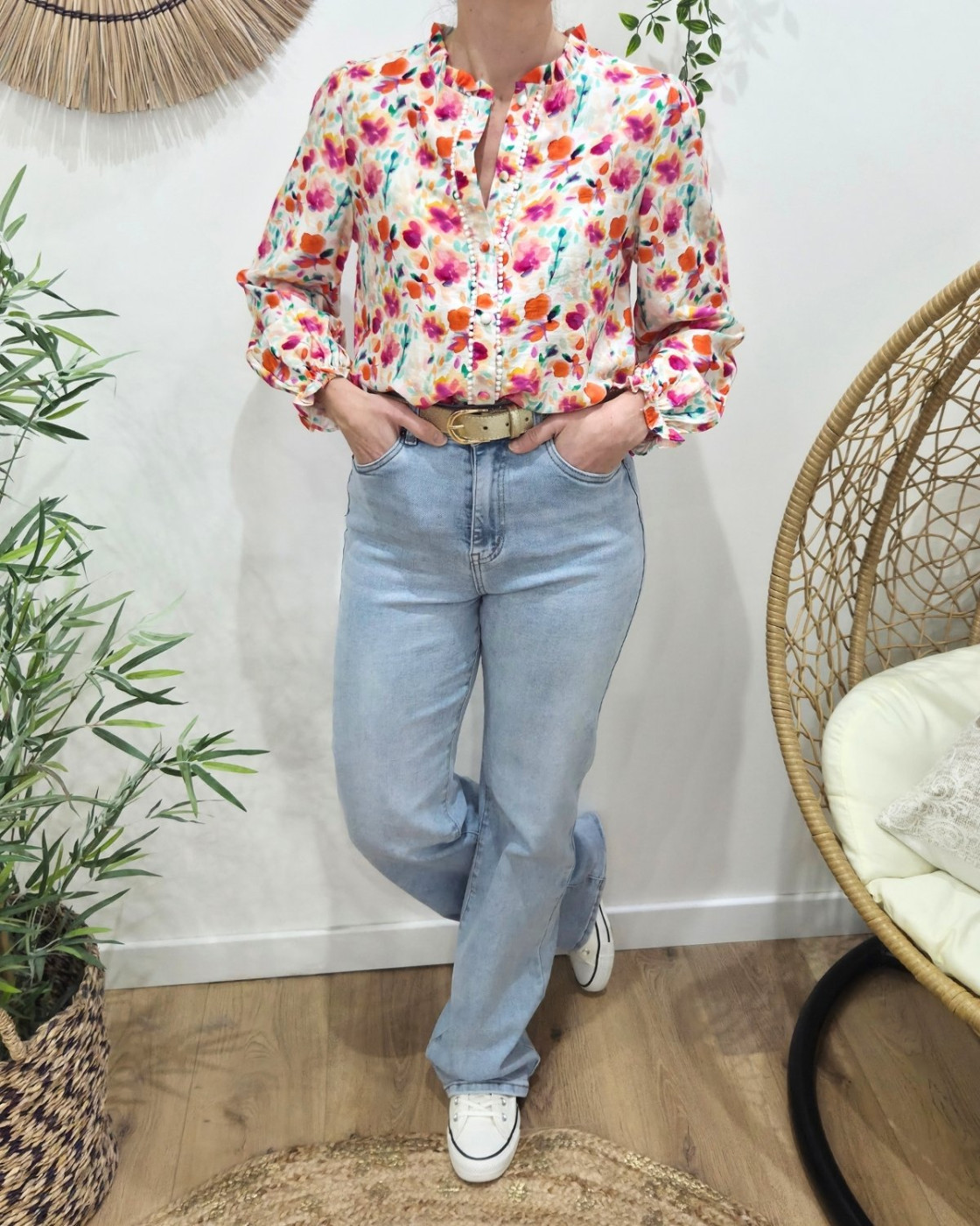 Chemisier femme écru imprimés fleuris oranges fuchsia multicolores