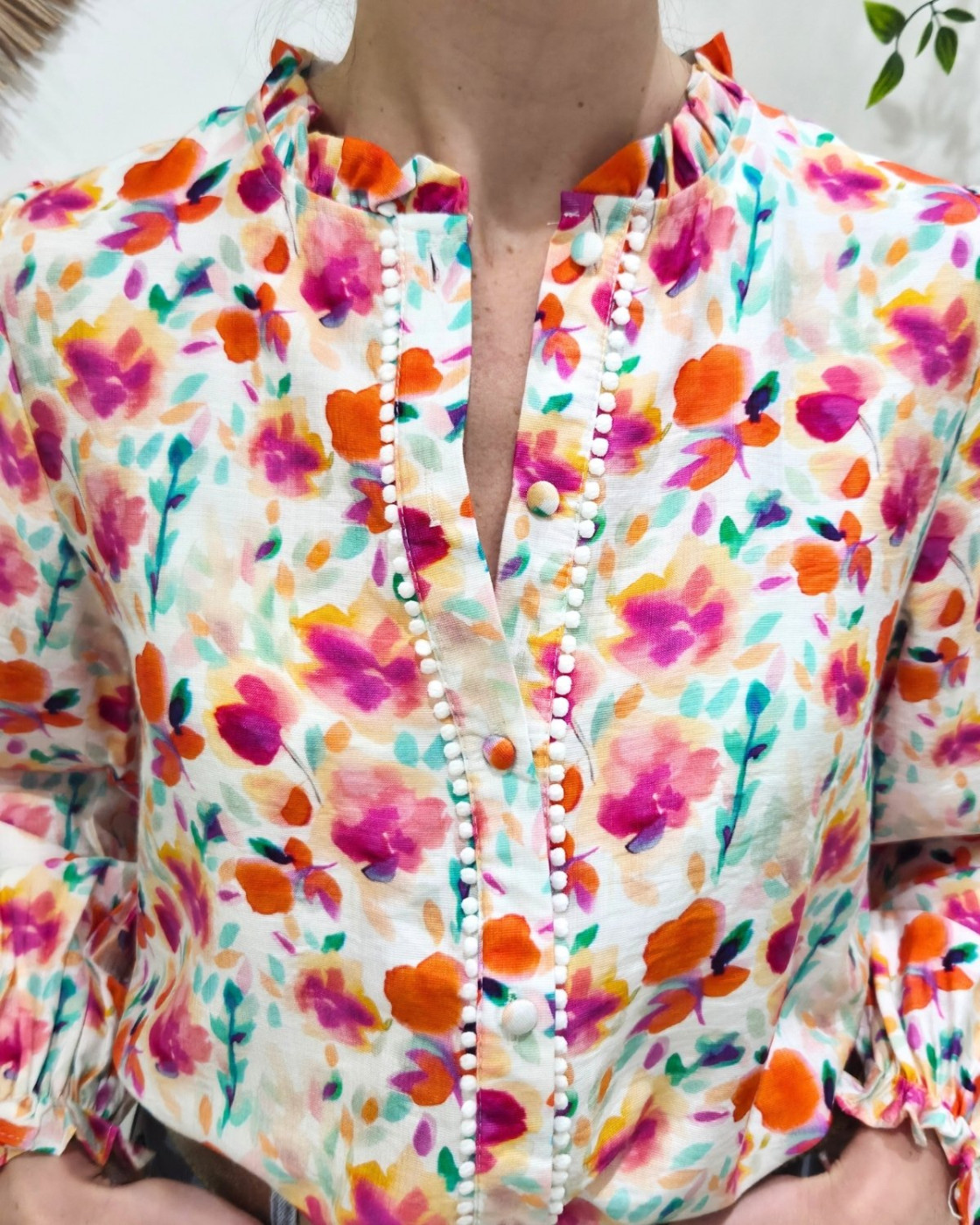 Chemisier femme écru imprimés fleuris oranges fuchsia multicolores