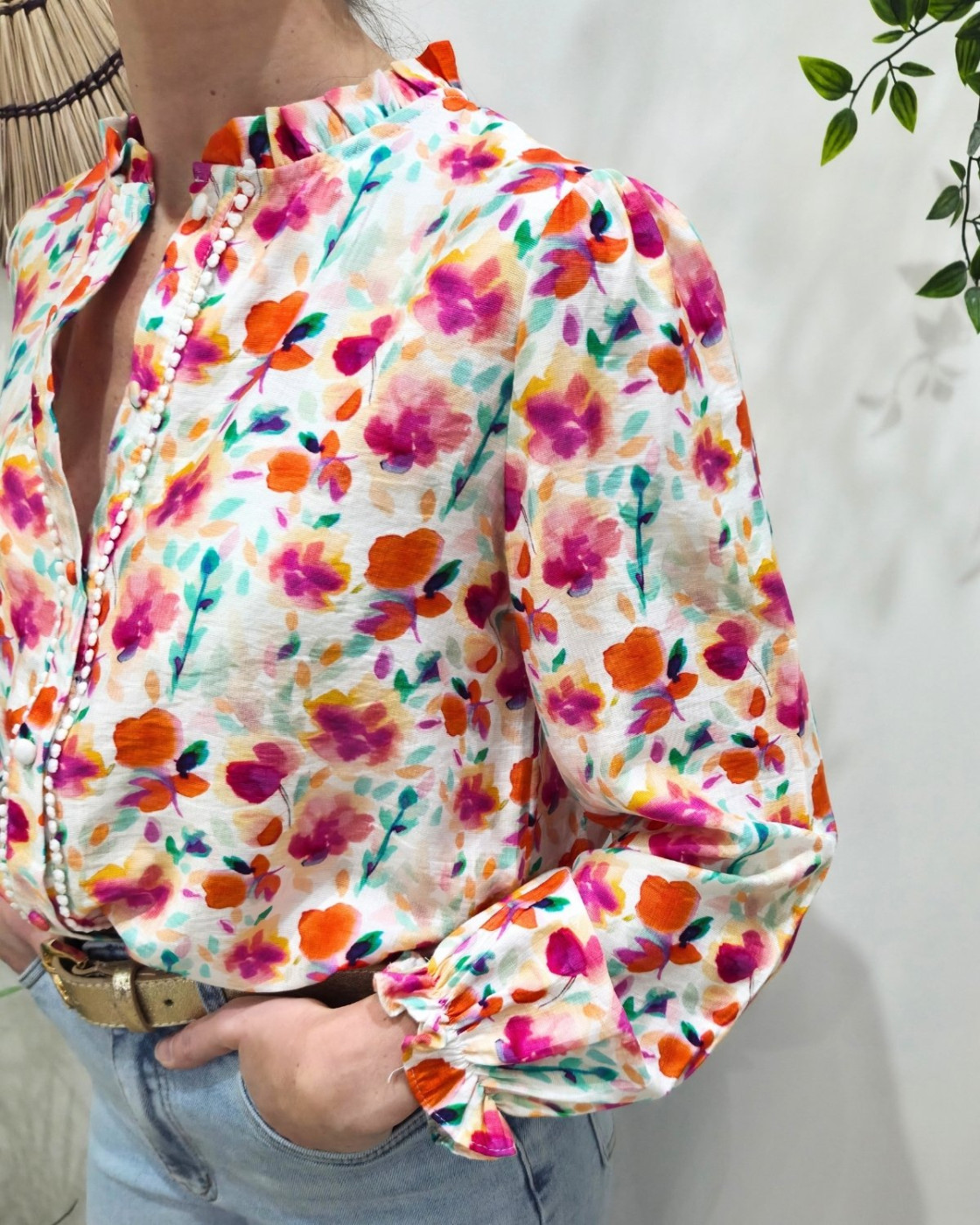 Chemisier femme écru imprimés fleuris oranges fuchsia multicolores
