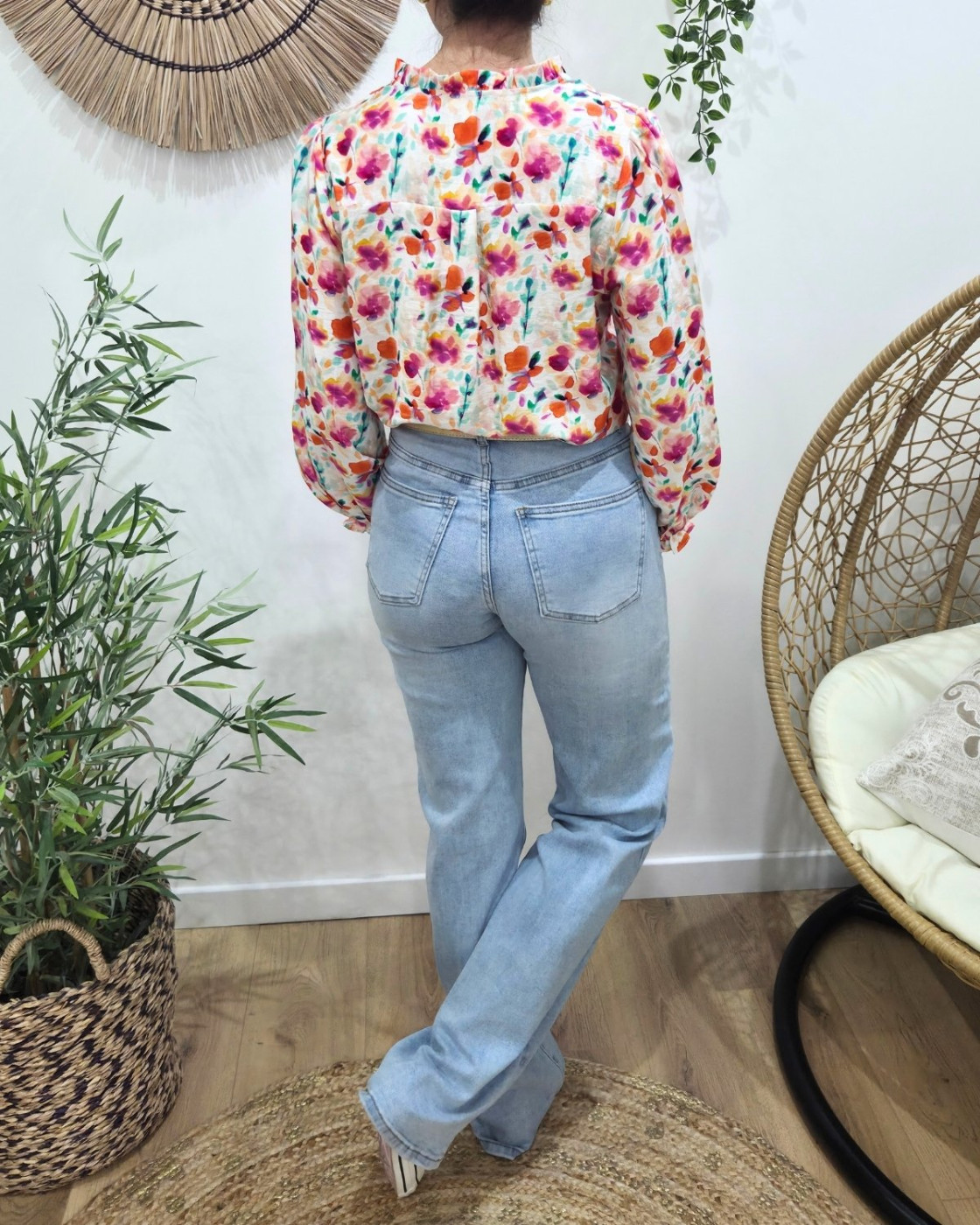 Chemisier femme écru imprimés fleuris oranges fuchsia multicolores