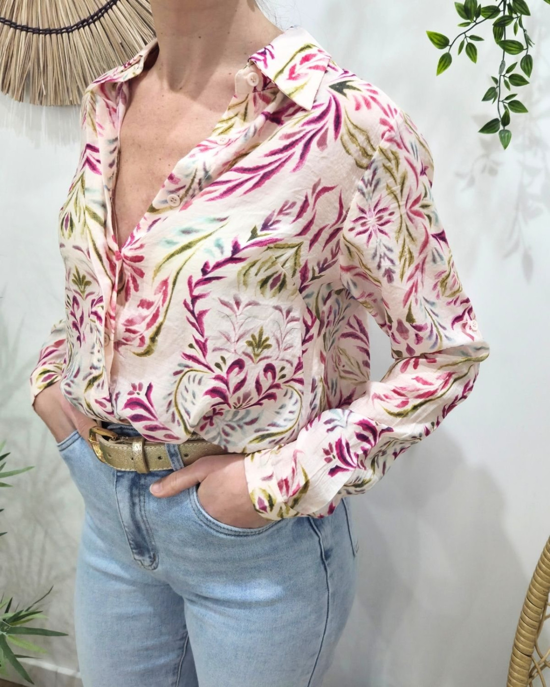 Chemisier fin femme rose feuillages verts et fuchsia