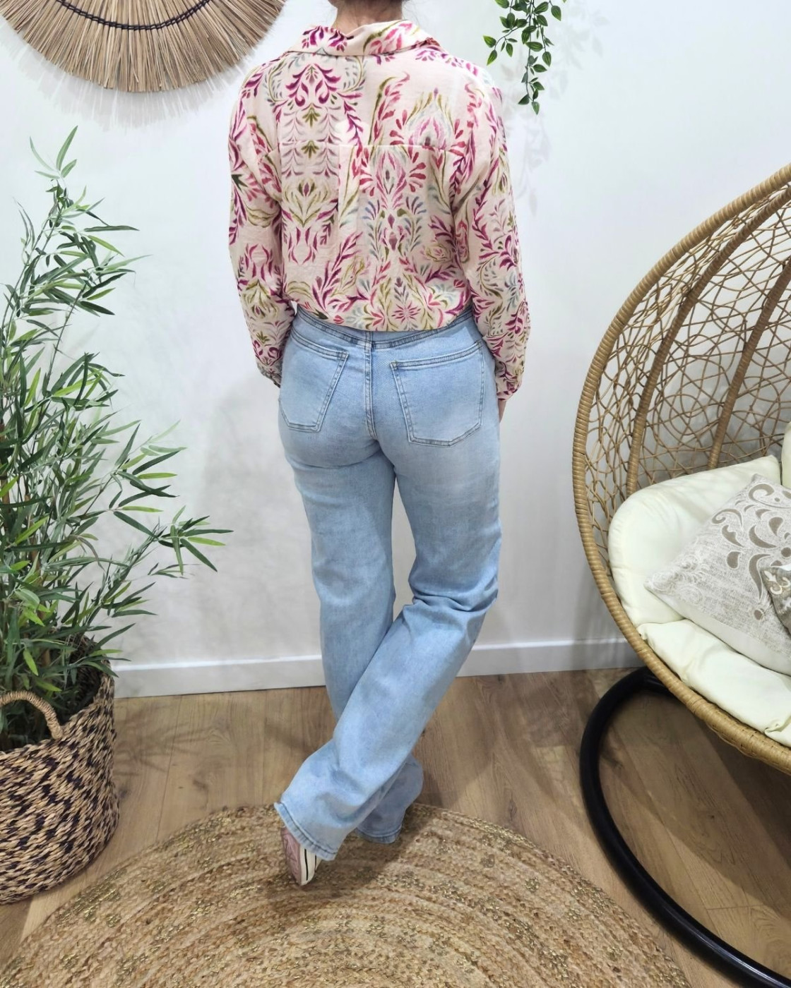 Chemisier fin femme rose feuillages verts et fuchsia