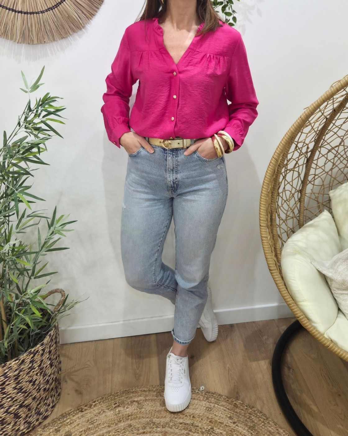 Chemisier femme uni rose fuchsia col mao