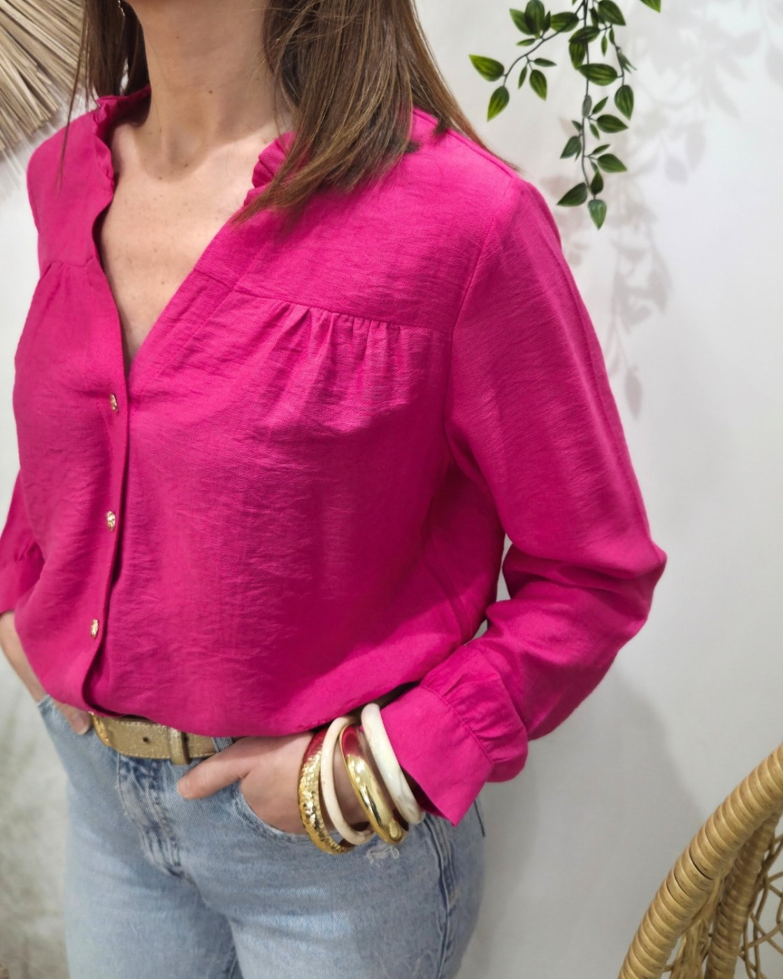 Chemisier femme uni rose fuchsia col mao