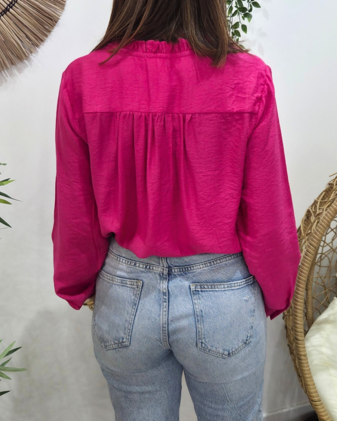 Chemisier femme uni rose fuchsia col mao