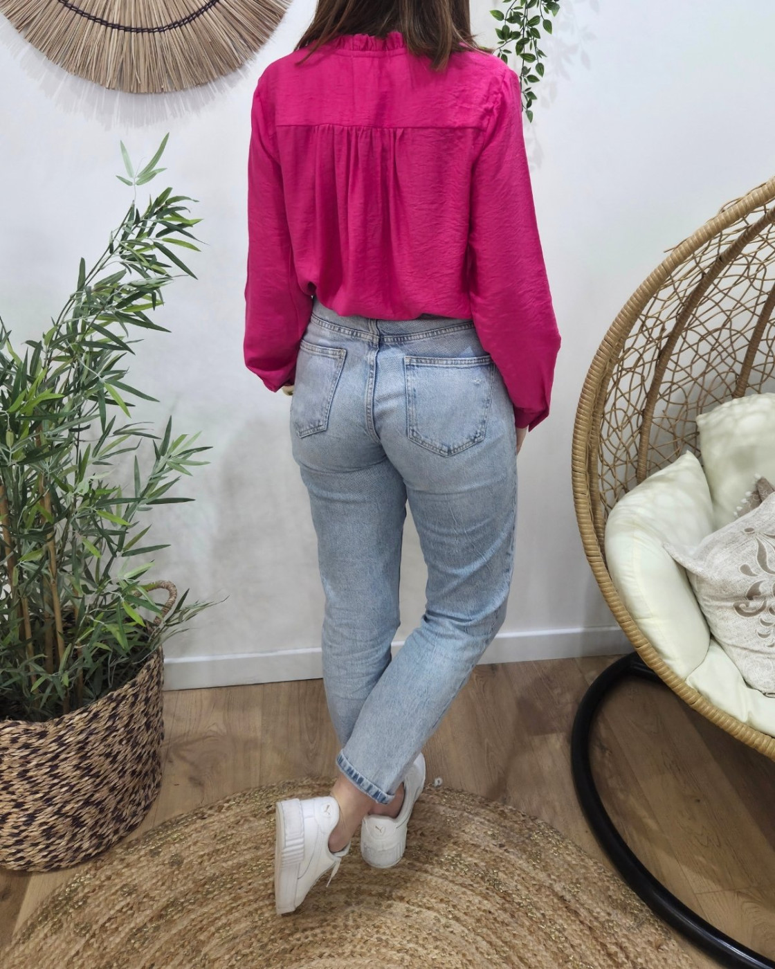 Chemisier femme uni rose fuchsia col mao