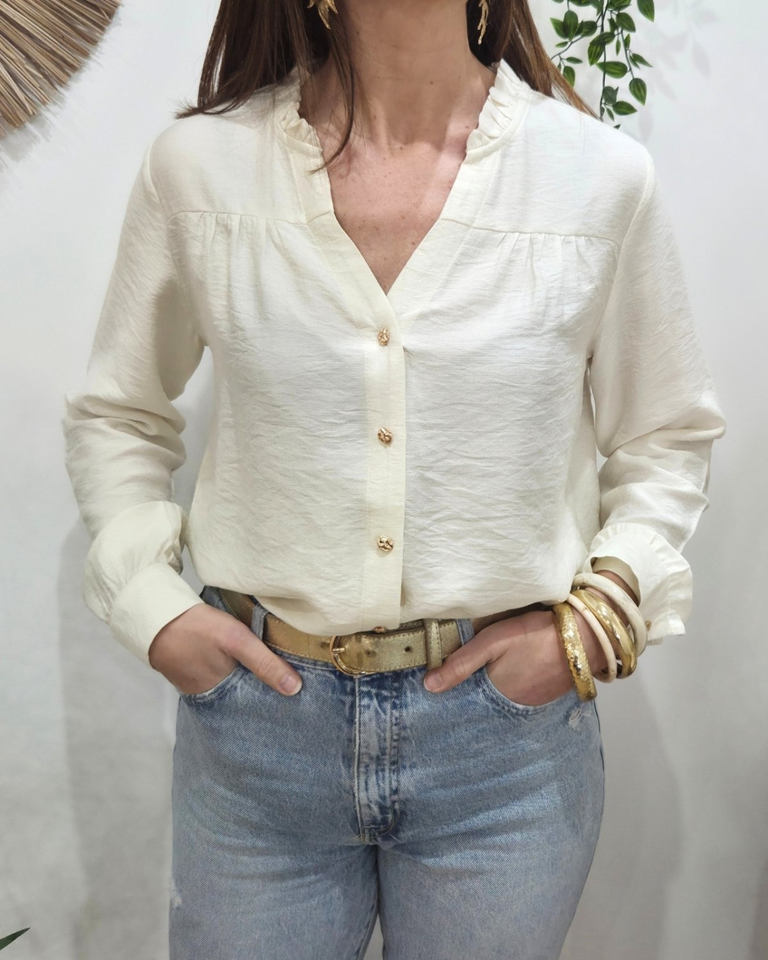 Chemisier femme uni beige col mao