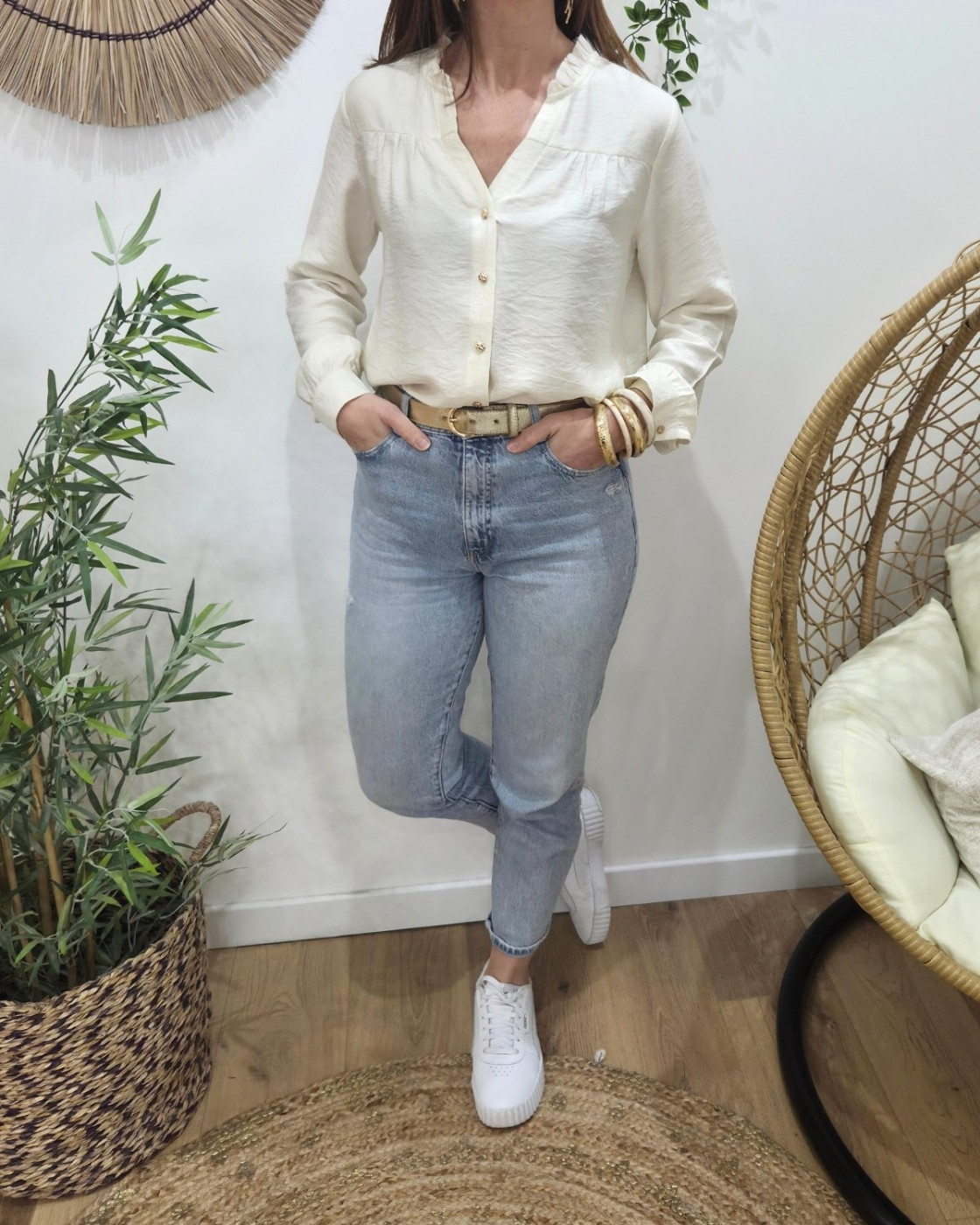 Chemisier femme uni beige col mao