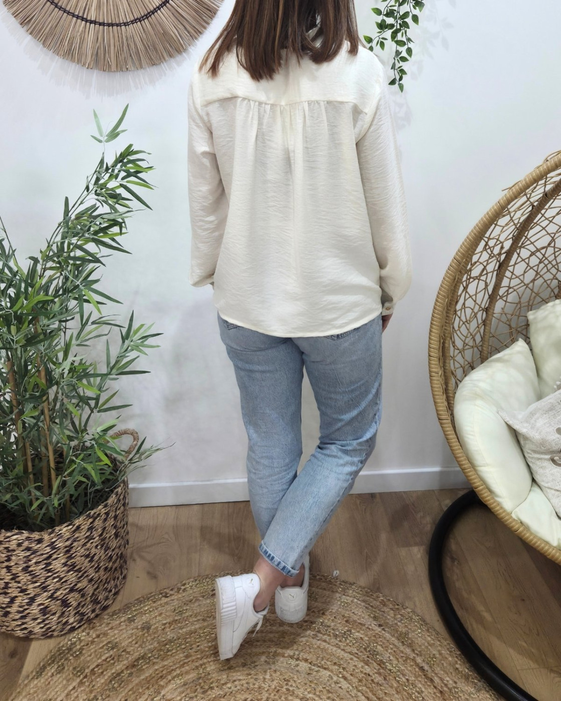 Chemisier femme uni beige col mao