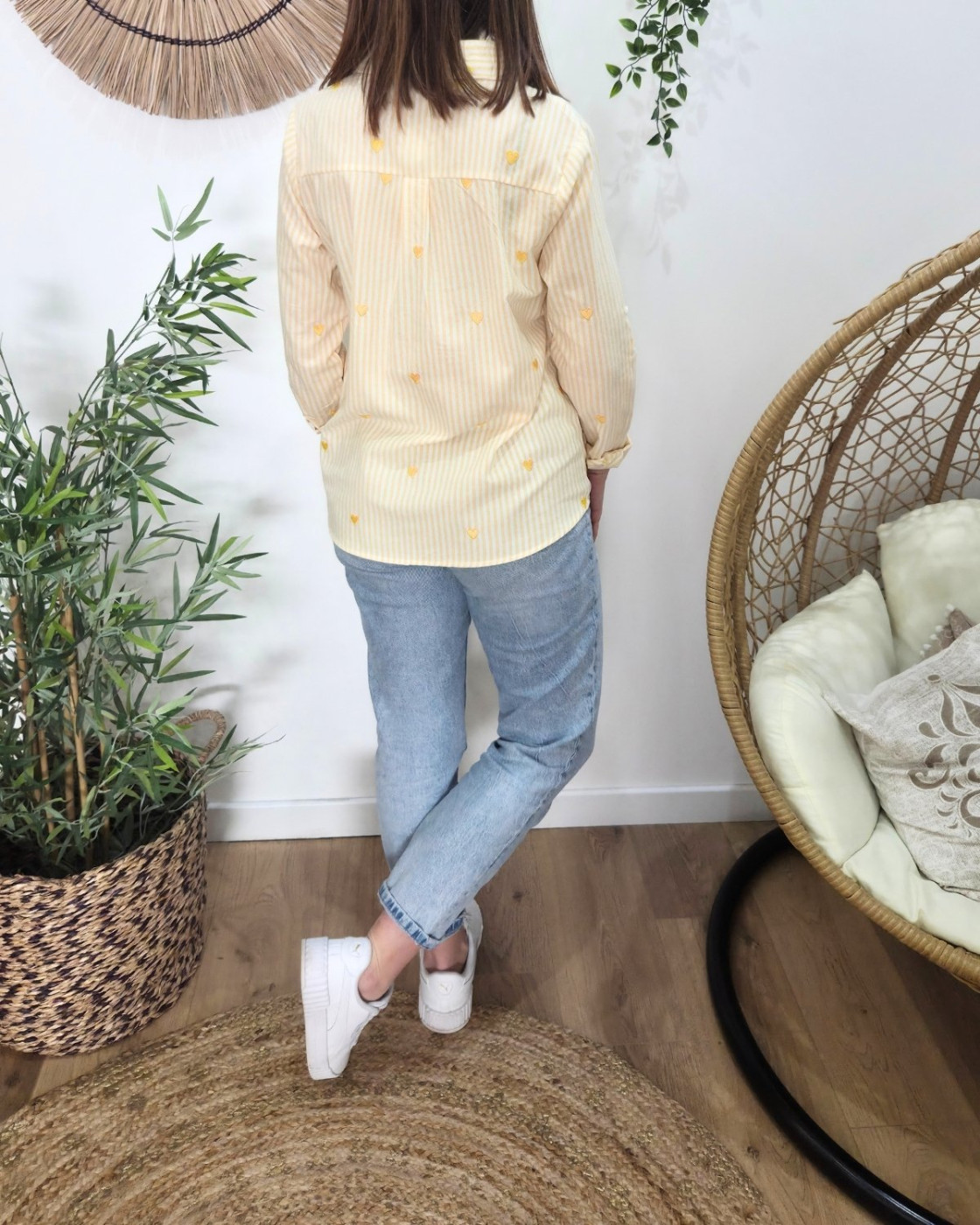 Chemisier femme rayée jaune et écrue petits coeurs brodés jaunes