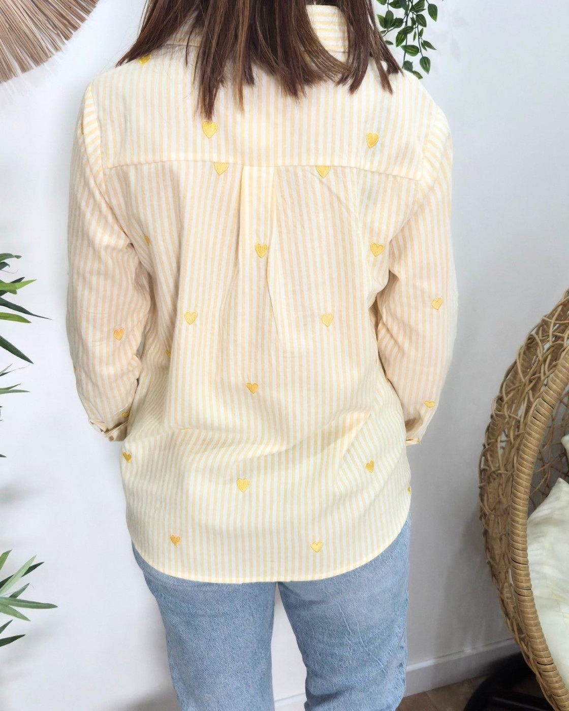 Chemisier femme rayée jaune et écrue petits coeurs brodés jaunes
