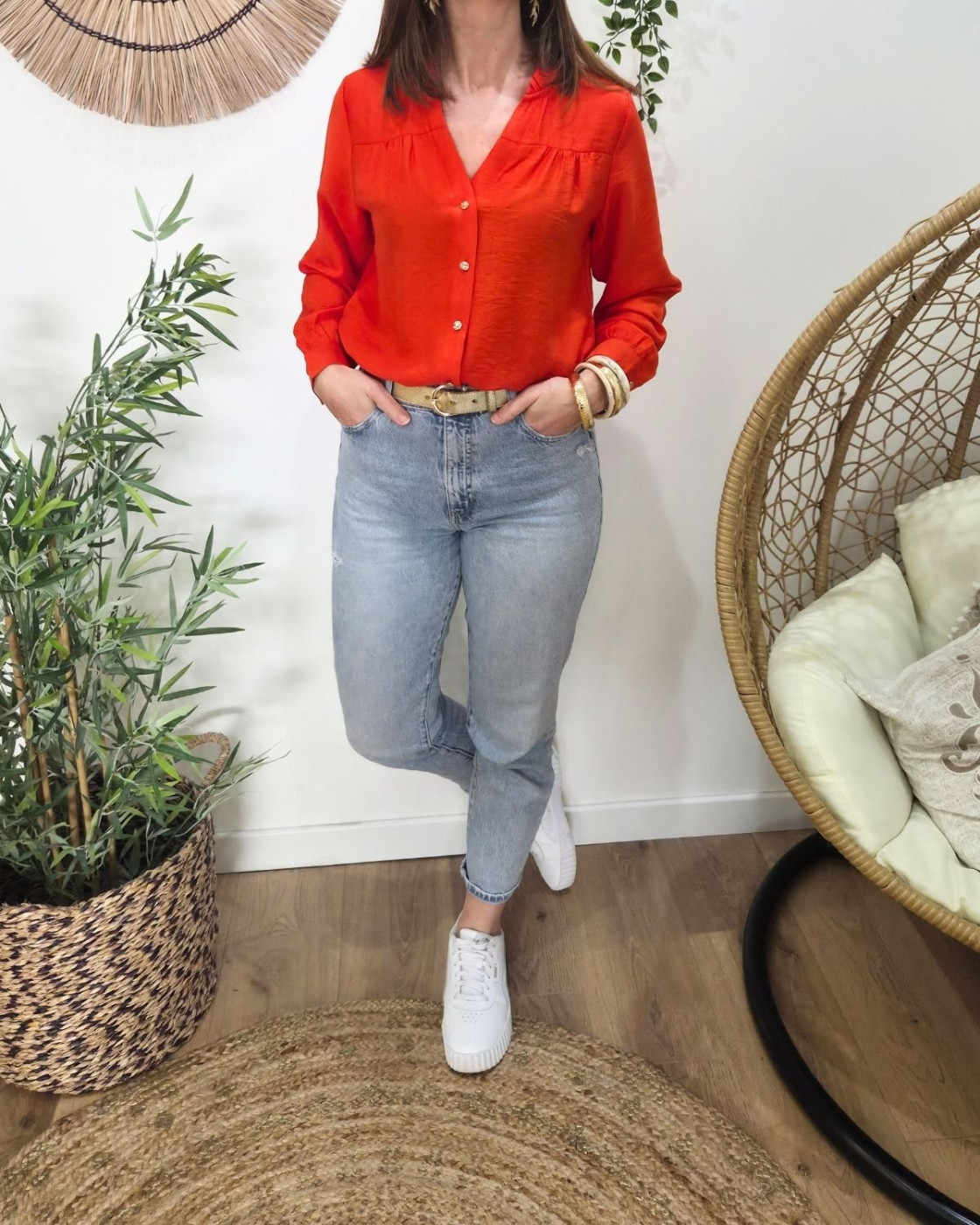 Chemisier femme uni orange col mao