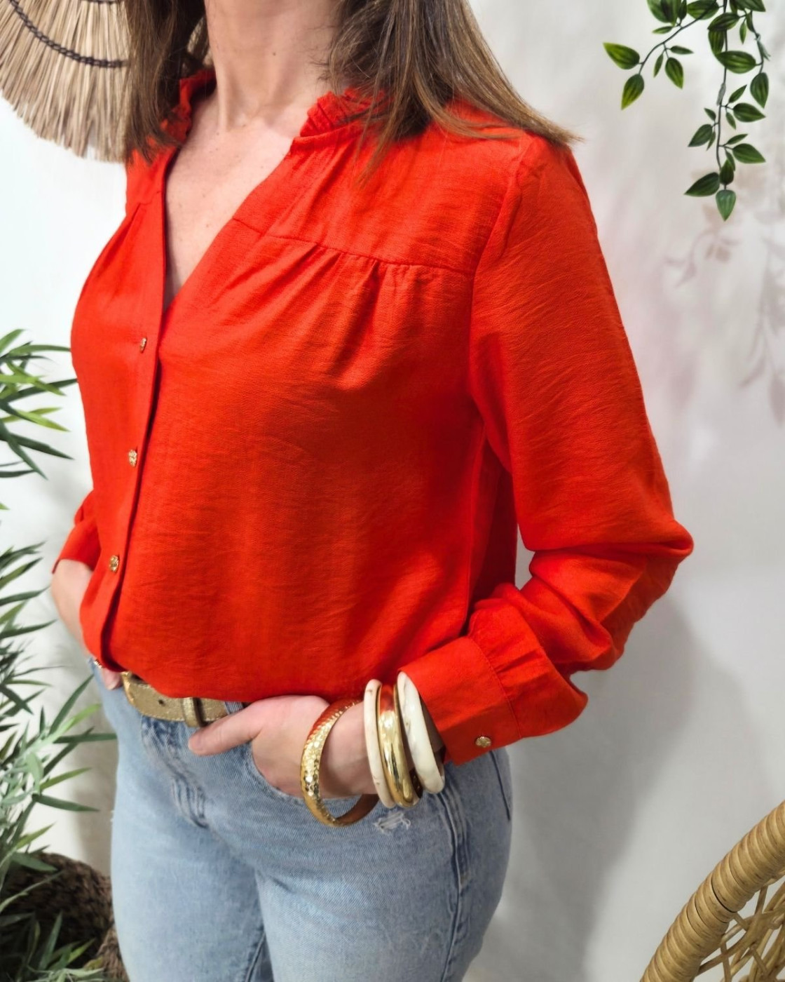 Chemisier femme uni orange col mao