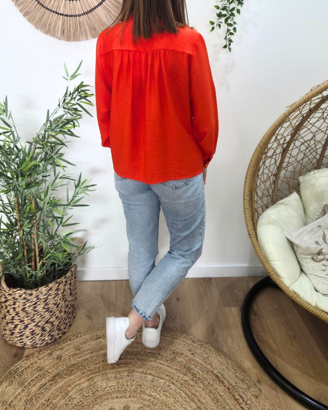 Chemisier femme uni orange col mao