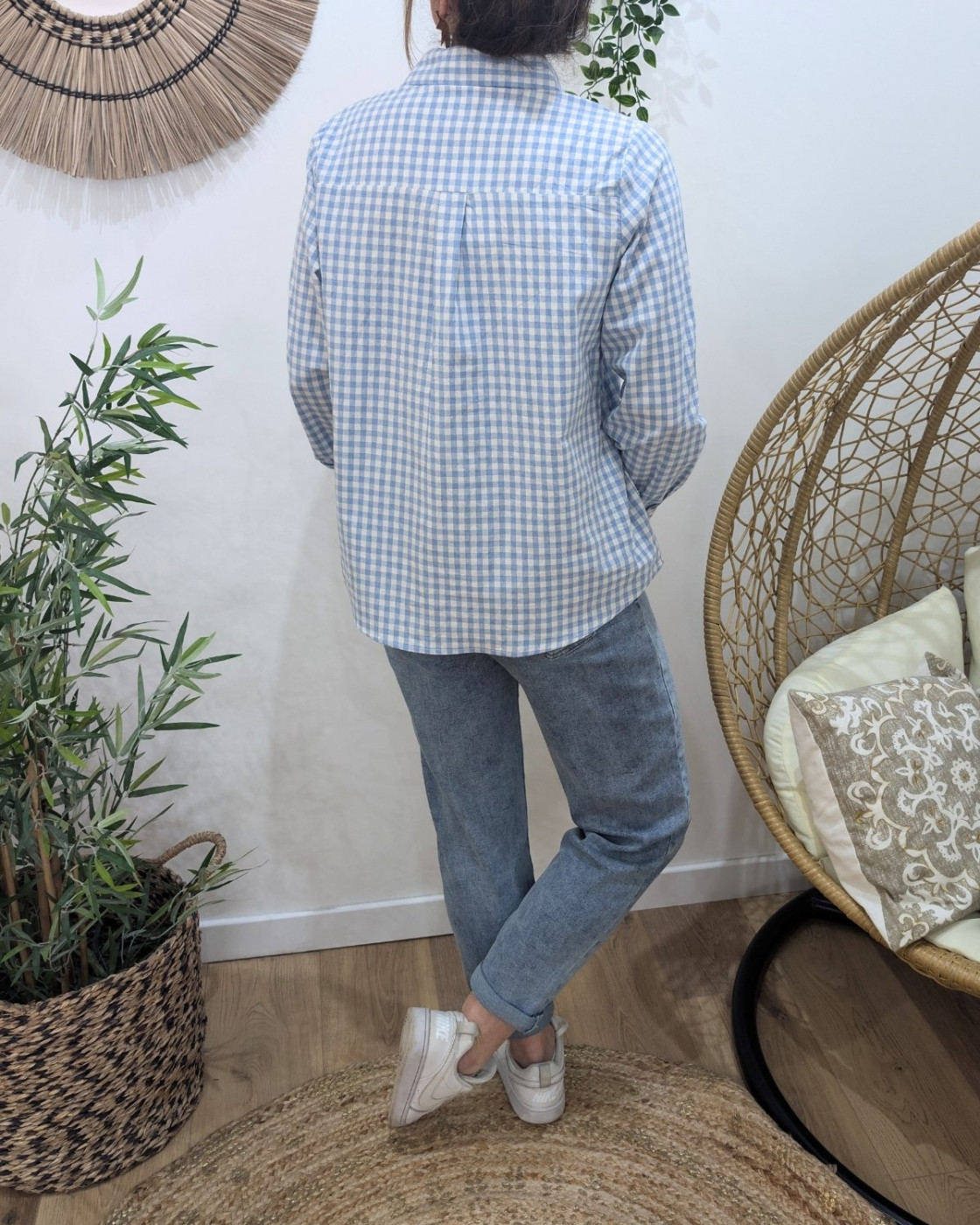 Chemisier femme à carreaux vichy bleue et blanche coeur brodé doré