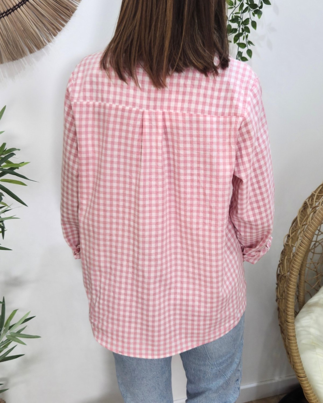 Chemisier femme à carreaux vichy rose et blanche coeur brodé doré