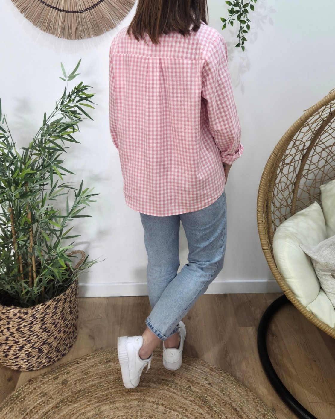 Chemisier femme à carreaux vichy rose et blanche coeur brodé doré