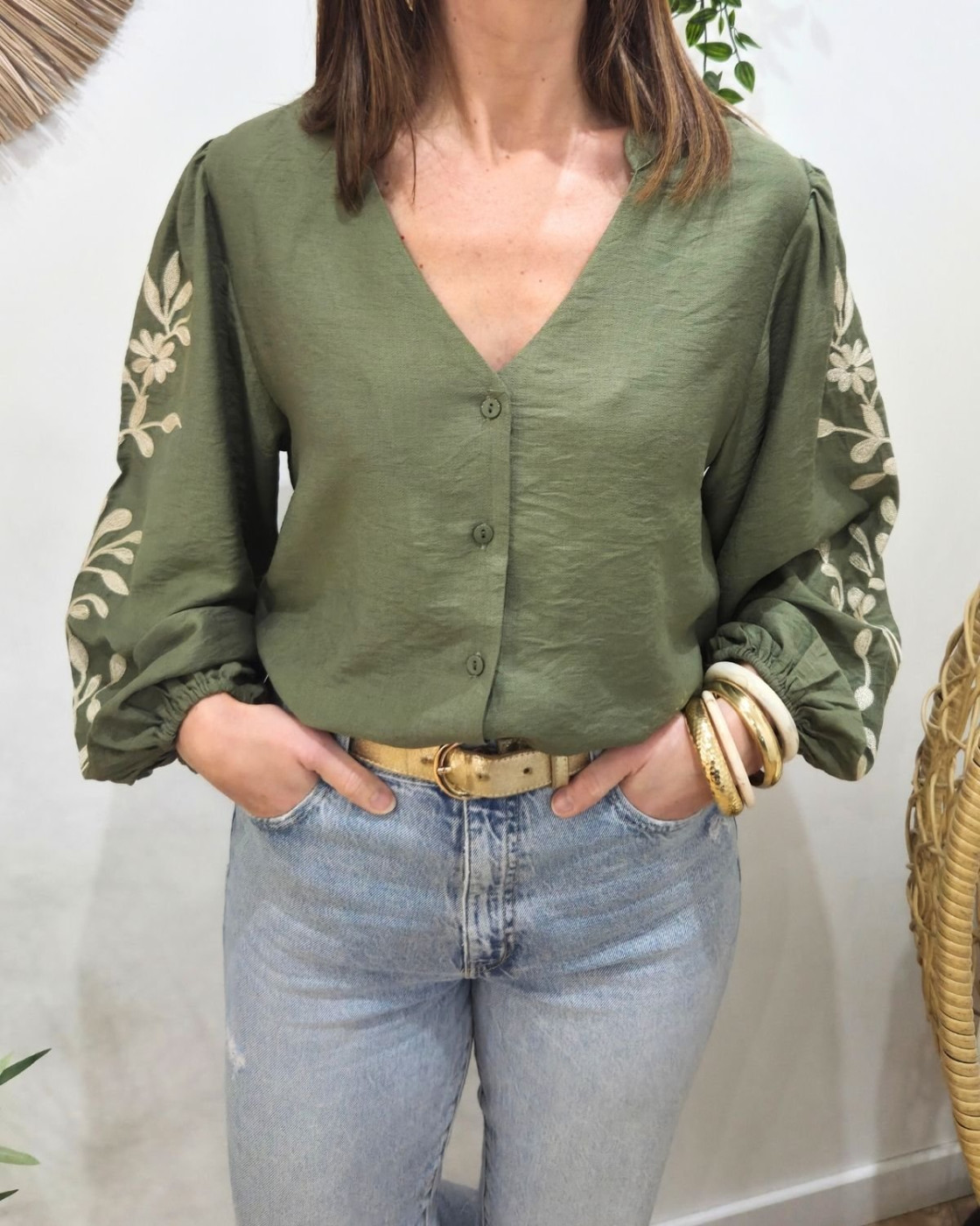 Chemisier femme kaki manches broderies fleuries beiges Altaia