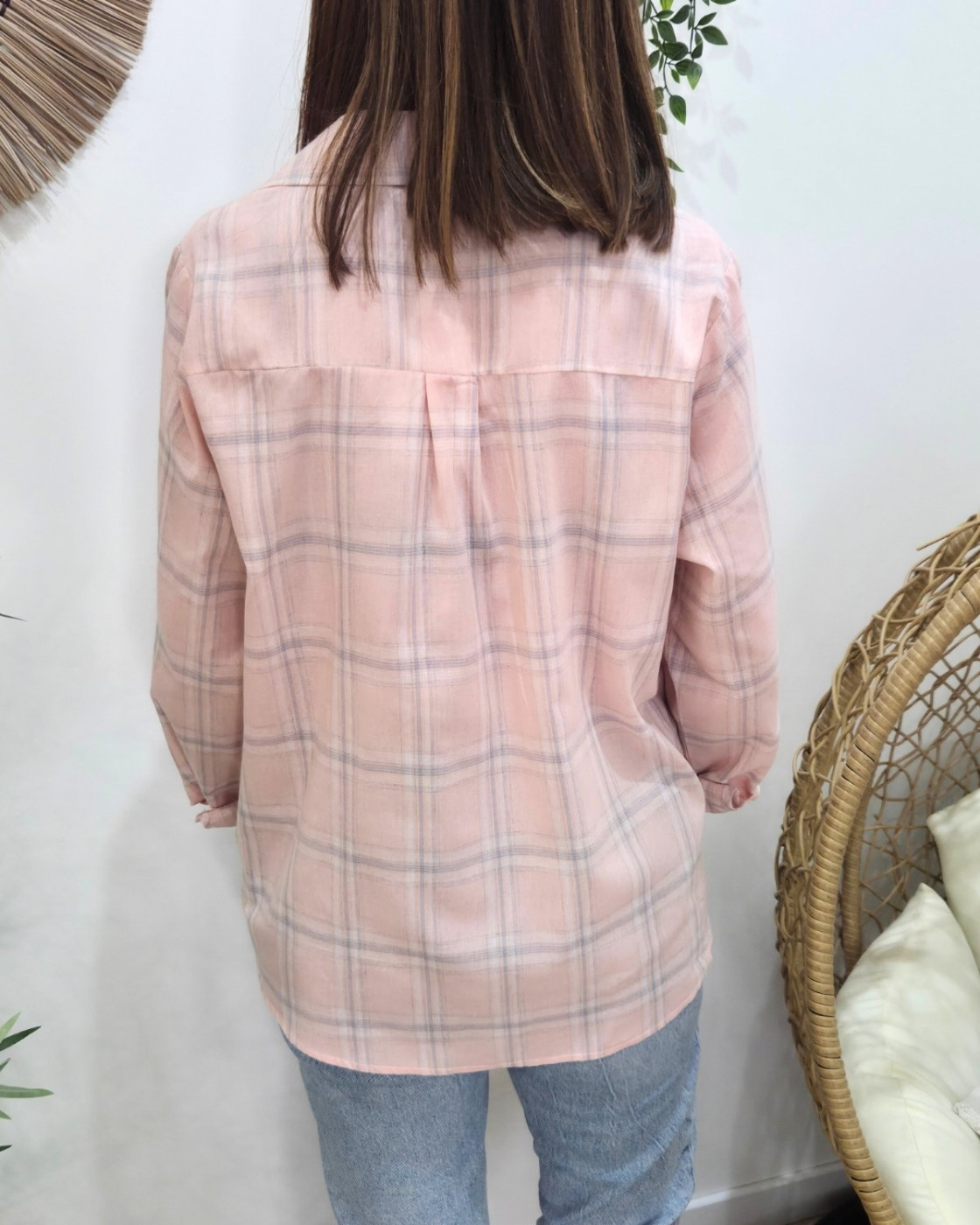 Chemisier femme à carreaux roses et gris coeur brodé doré