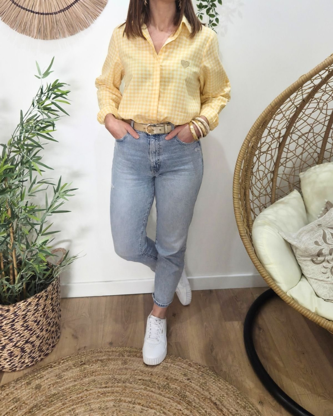 Chemisier femme à carreaux vichy jaune et blanche coeur brodé doré