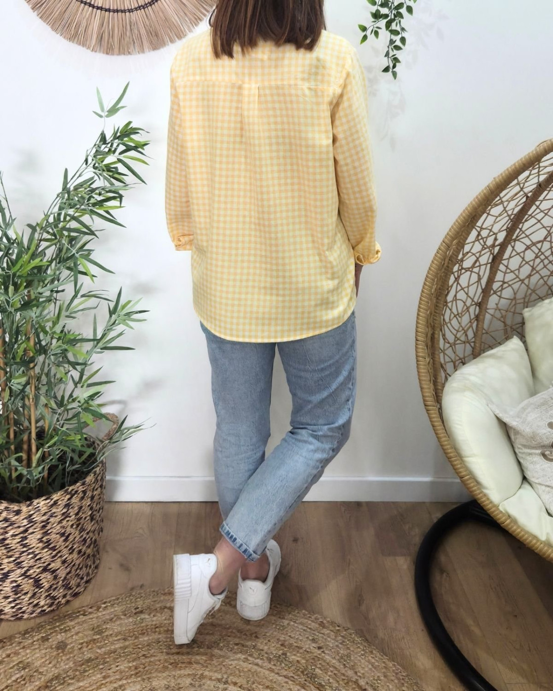 Chemisier femme à carreaux vichy jaune et blanche coeur brodé doré