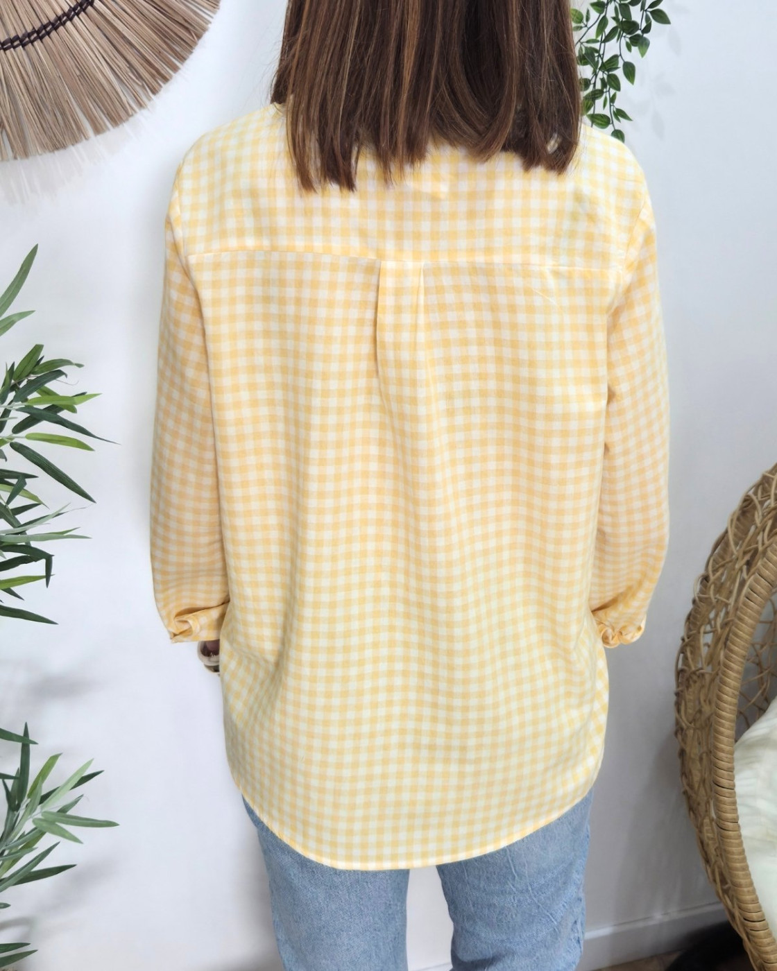 Chemisier femme à carreaux vichy jaune et blanche coeur brodé doré