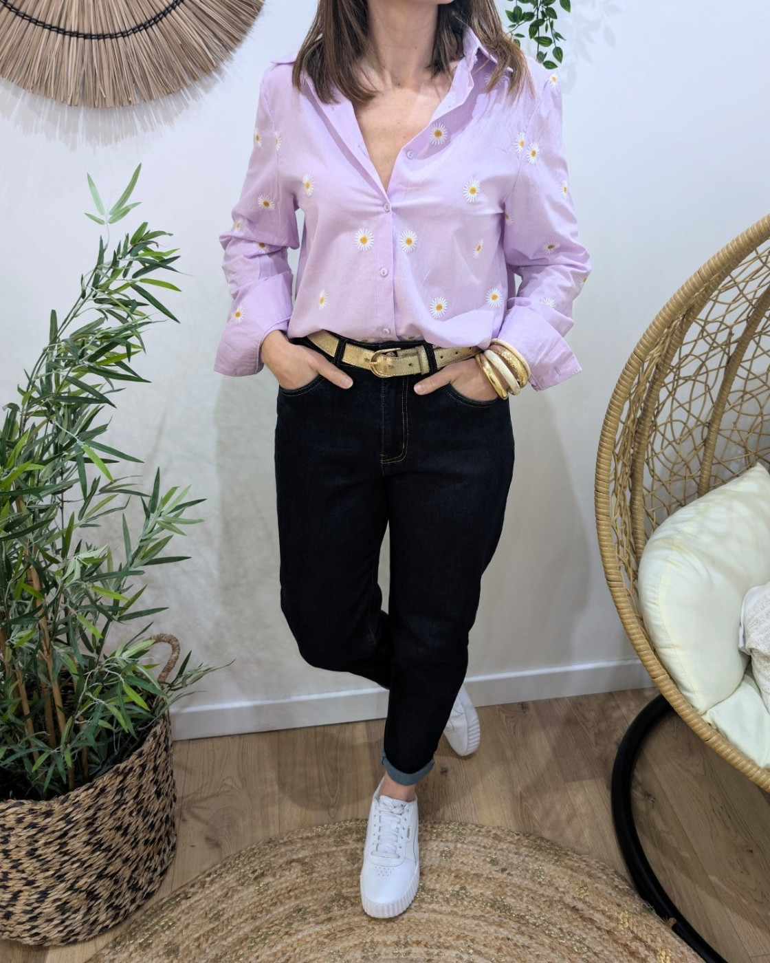 Chemisier femme parme marguerites brodées