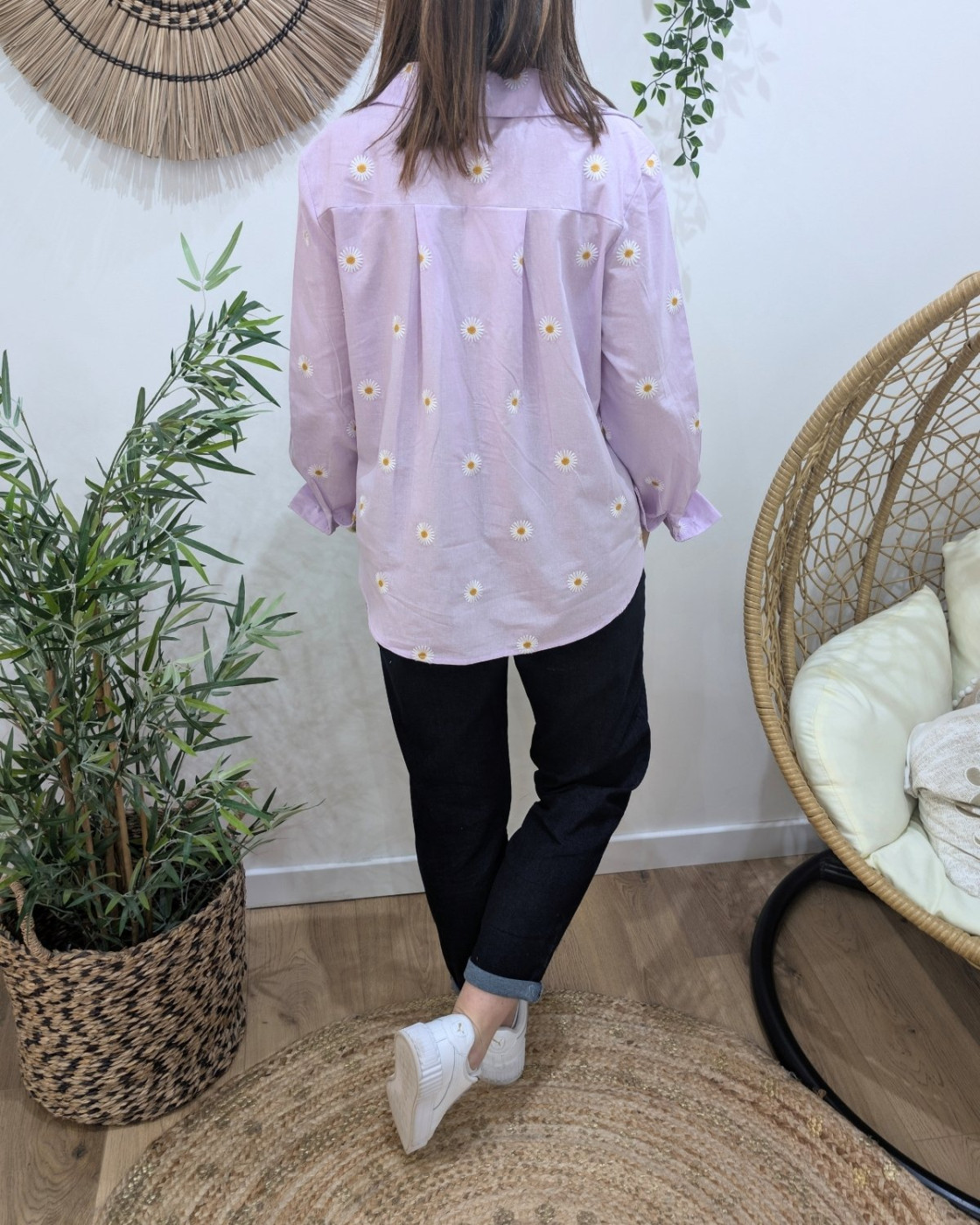 Chemisier femme parme marguerites brodées