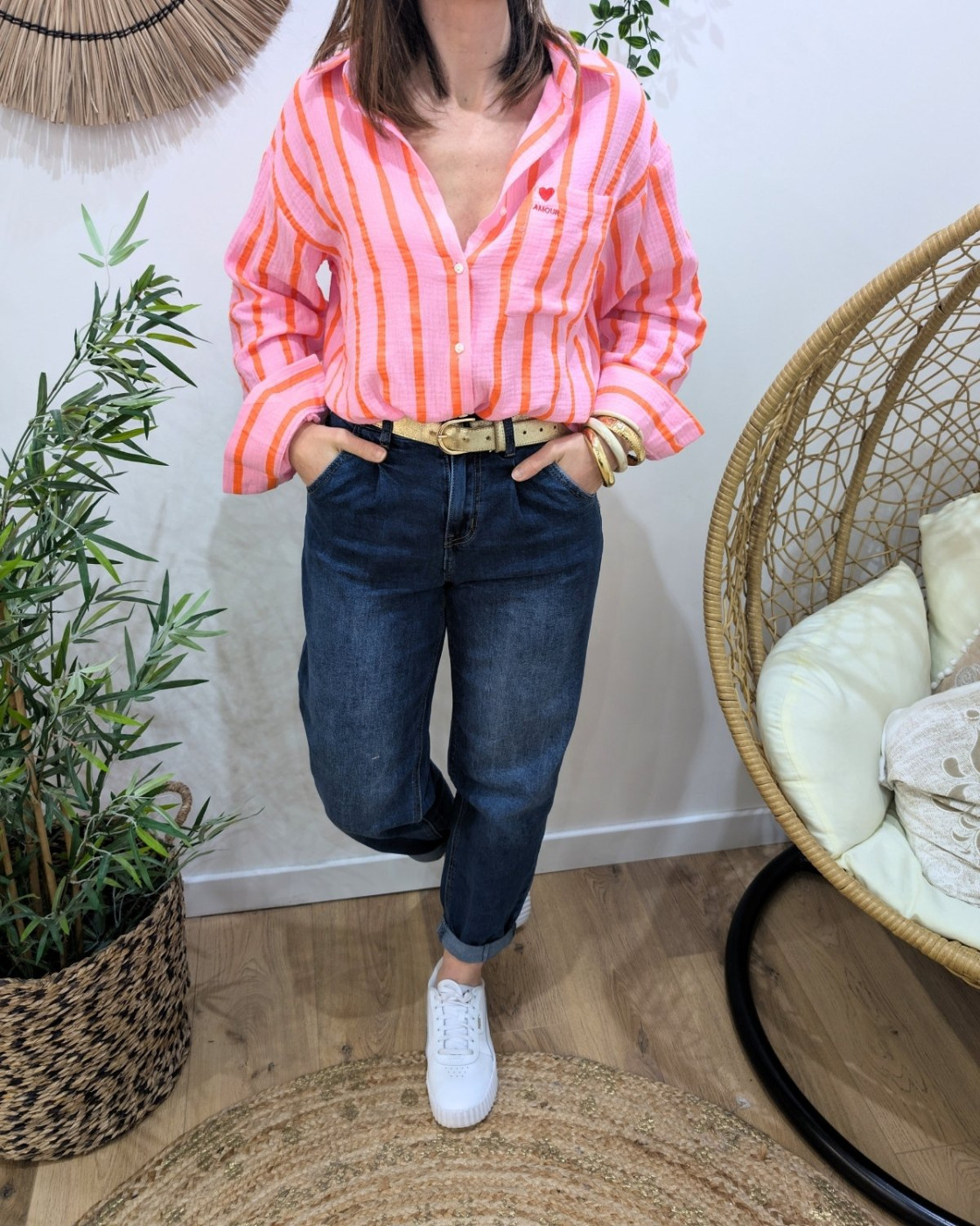 Chemisier femme rose rayée orange amour