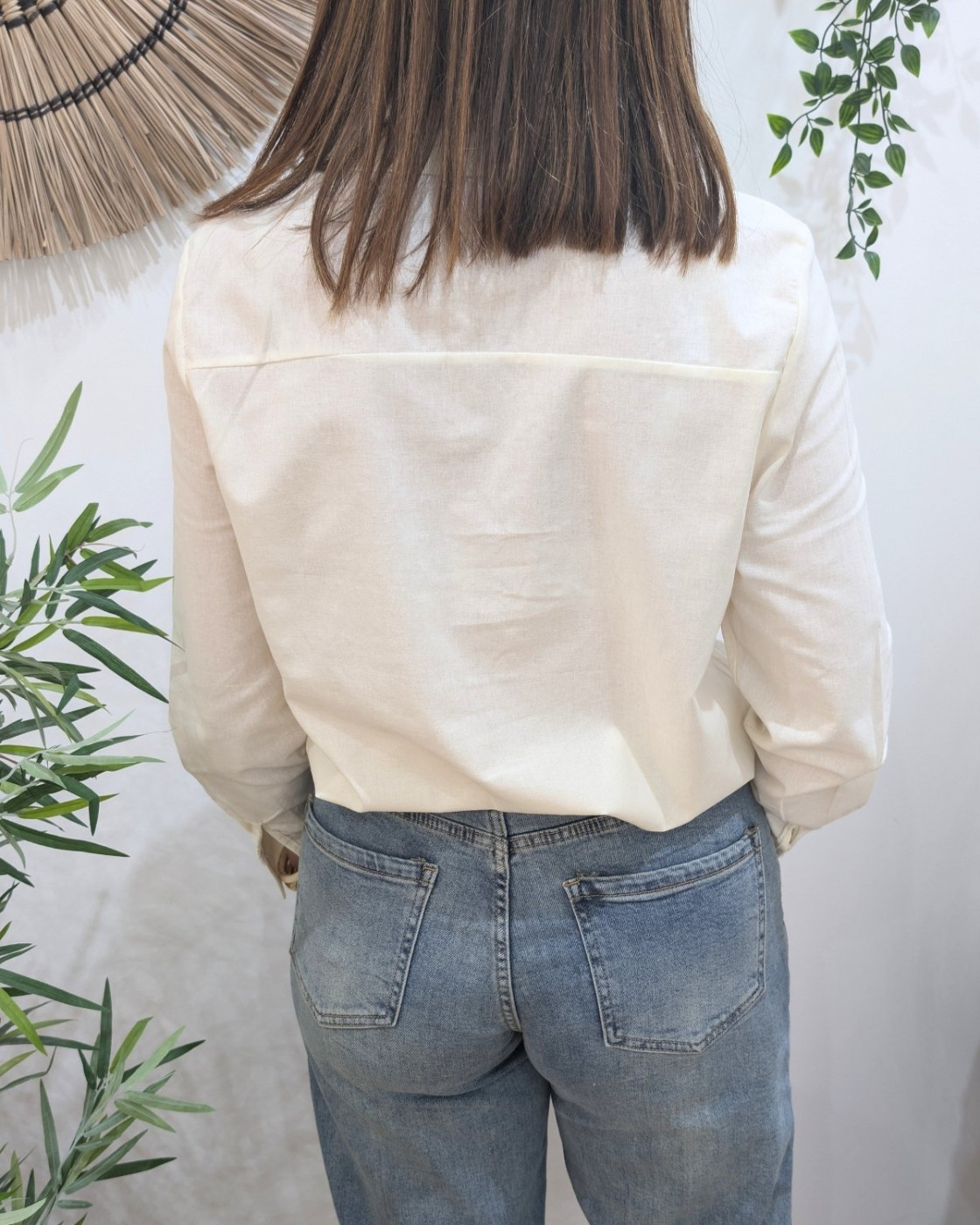 Chemisier femme beige broderies palmiers