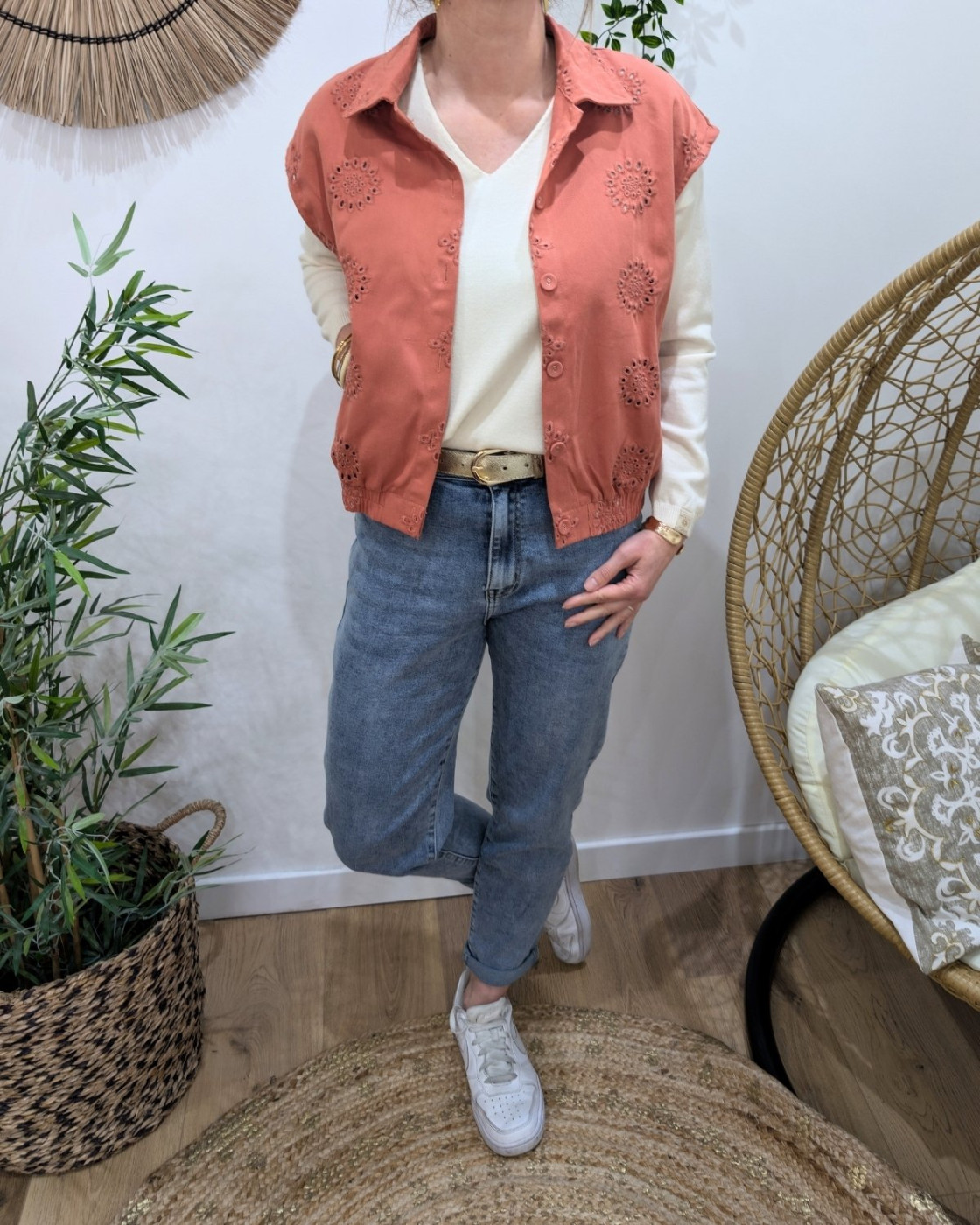 Chemise coton femme sans manches ajourée terracotta Gia