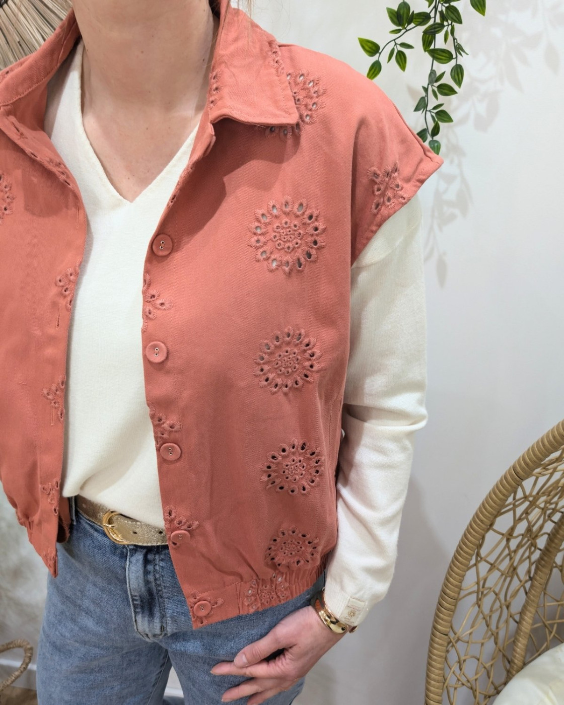 Chemise coton femme sans manches ajourée terracotta Gia