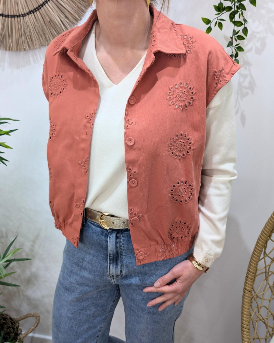 Chemise coton femme sans manches ajourée terracotta Gia